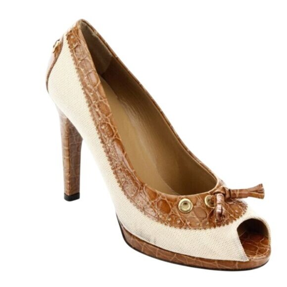 Vintage Y2K Stuart Weitzman Tan & Cream Faux Alligator Tassel Heeled Pumps